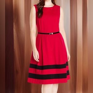 NwoT Calvin Klein Red Sleeveless Fit-&-Flare Dress w/Black Striped Hem & Belt